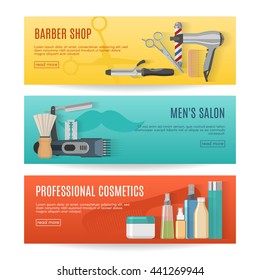 Beauty studio horizontal banners set with barber shop mens salon professional cosmetics isolated vector illustration 