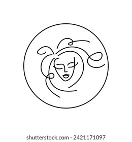 beauty Studio. logo in a circle. girl's face and hairstyle. linear stylized vector illustration