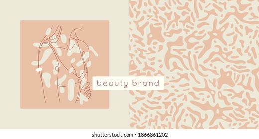 Beauty Studio Logo Design In Trendy Soft Hue. Vector Feminine Symbol Design Template Minimal Line Style. Abstract Animal Skin Pattern. Light Seamless Background For Cosmetic Label. Body Care Insignia.