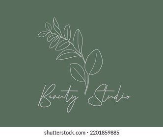 Beauty Studio Logo On Green Background. Eucalyptus Leaves Logo Design Lineart