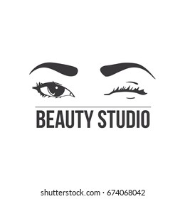 Beauty studio logo. Typography poster. Eyes and brows. Vector illustration for gift card. Black on white background. 