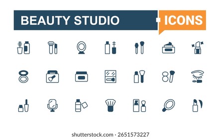Ícone moderno do Beauty Studio. Inclui símbolos para relaxar, beleza, salão, spa, salão de cabelo e muito mais. Coleção de ícones da Salão de Beleza. Pacote de ícones da Web. Traço editável de linha sólida.