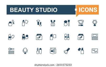 Ícone moderno do Beauty Studio. Inclui símbolos para relaxar, beleza, salão, spa, salão de cabelo e muito mais. Coleção de ícones da Salão de Beleza. Pacote de ícones da Web. Traço editável de linha sólida.