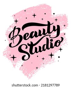 Beauty studio vector text, lettering. Black handwritten logo on a pink background. Stylish logotype for the beauty studio, business, salon.