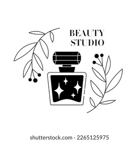 Beauty study black logo. Bottle of varnish next to two branches of plant. Beauty and hygiene, spa treatments. Emblem for company or organization, branding. Cartoon flat vector illustration