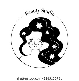 Beauty study black logo. Portrait of young girl, sticker for social networks and messengers. Hair health care, beauty products. Aesthetics and elegance. Cartoon flat vector illustration