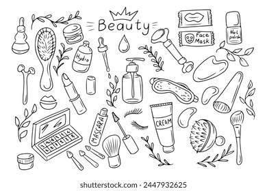 Beauty stuff hand drawn collection of doodles. Black outline isolated elements on white background. Holiday party concept. Good for coloring pages, stickers, tattoo