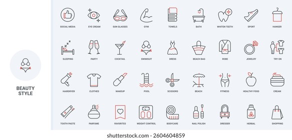 Beauty and style in clothes, makeup and hygiene, shopping in modern lifestyle line icon set. Fitness in gym, body and hair care for health thin black and red outline symbols vector illustration