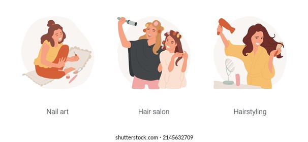 Beauty and styling isolated cartoon vector illustration set. Applying nail polish, teenage girls with curlers at hairdresser salon, making hairstyling at home, use hairdryer vector cartoon.