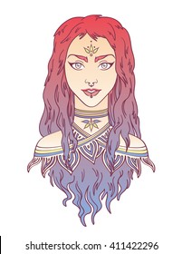 Beauty. Stylish beautiful girl with curly gradient hair. Beautiful tribal girl colorful portrait in hand draw style. Vector illustration of young girl with curly gradient hair. Tribal fashion girl. 