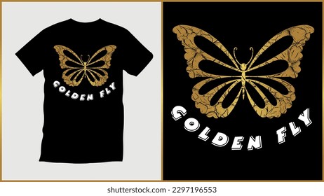 Beauty stylish Golden butterfly insect Typography t-shirt design, Modern Typography, Apparel, print, vector illustration, Isolated gold color Butterfly insect graphic illustration.