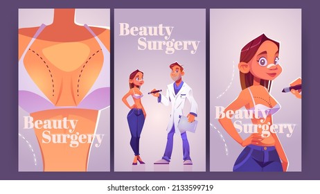 Beauty surgery cartoon ads posters. Woman with patch on nose prepare for plastic surgery. Doctor drawing lines on girl chest for augmentation, lipofilling cosmetics medicine procedure Vector flyers