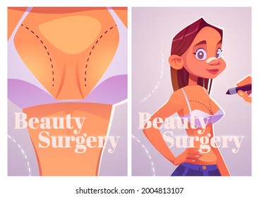 Beauty surgery cartoon posters. Woman with patch on nose prepare for plastic surgery. Doctor drawing lines on girl chest for augmentation, lipofilling cosmetics medicine procedure Vector illustration