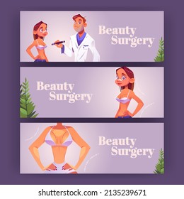 Beauty surgery posters with woman patient and doctor. Vector banners of aesthetic plastic operation, breast lift and rhinoplasty with cartoon illustration of girl in bra and surgeon in clinic