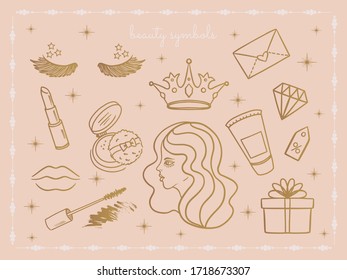 beauty symbols: girl, eyelashes, crown, lipstick, lips, mascara, powder, discount card, diamonds, gift