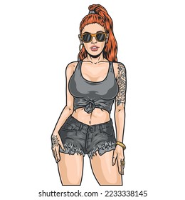 beauty tattoo girl colorful sketch portrait of brown-haired model in sunglasses and short t-shirt for street parties vector illustration