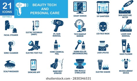 Beauty tech solid icon set. Includes symbols for Device, Serum, and Skin. Vectors for care apps.