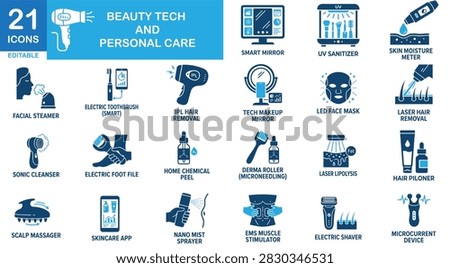 Beauty tech solid icon set. Includes symbols for Device, Serum, and Skin. Vectors for care apps.