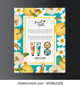 Beauty Template for Ads or Magazine Background. Concept Hand Cream and Lip Balm  Skincare and Fruit and Flowers Vector Illustration.