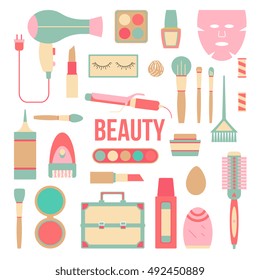 Beauty things concept illustration with modern gadgets and makeup tools and products. Hair curler, dryer, mask, lipstick, powder, brushes, eyeshadows and others. Elements for design in flat style.