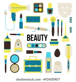 Beauty things concept illustration with modern gadgets and makeup tools and products. Hair curler, dryer, mask, lipstick, powder, brushes, eyeshadows and others. Elements for design in flat style.