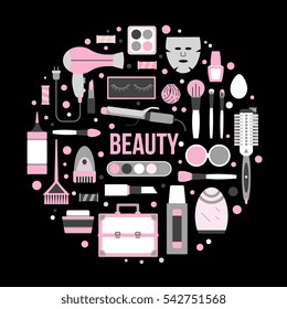 Beauty things concept illustration with modern gadgets and makeup tools and products. Hair curler, dryer, mask, lipstick, powder, brushes, eyeshadows and others. Elements for design in flat style.