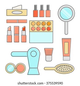 Beauty things icons set for salon websites and banners in colored line style in pastel colors