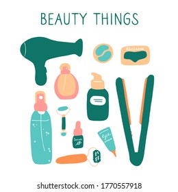 Beauty things. Products, cosmetics, tools, devices for beauty. Skin, body and hair care. Vector flat hand drawn illustration