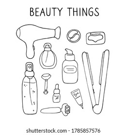 Beauty things. Products, cosmetics, tools, devices for beauty. Skin, body and hair care. Vector hand drawn illustration