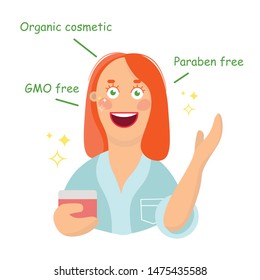 Beauty & Think Green concept with cute woman considering her beauty product should be certified organic and cruelty free without paraben, GMO.
