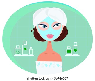 Beauty threatment: girl with facial mask and cosmetics