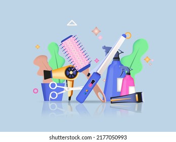 Beauty tools concept 3D illustration. Icon composition with blackboard with curling iron, comb, hair dryer, spray bottle with cosmetics and electric shaver. Vector illustration for modern web design