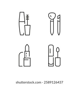 Beauty tools icons. Set of 4 beauty tools trendy minimal icons. Example: Lipstick, Brush, Perfume icon. Design signs for web page, mobile app, packaging design. Vector illustration.