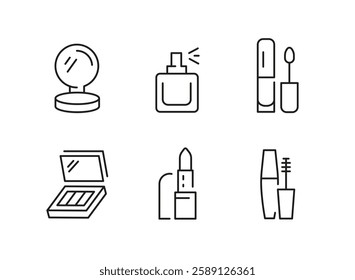 Beauty tools icons. Set of 6 beauty tools trendy minimal icons. Example: Lipstick, Mascara, Eyebrow, Perfume icon. Design signs for web page, mobile app, packaging design. Vector illustration.