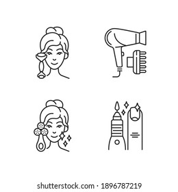 Beauty tools linear icons set. Quartz facial roller. Hair dryer. Facial cleansing. Manicure, pedicure. Customizable thin line contour symbols. Isolated vector outline illustrations. Editable stroke