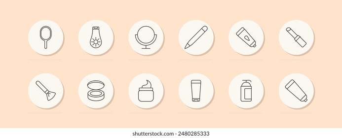 Beauty tools set icon. Mirror, lotion, cream, makeup brush, lipstick. Grooming, cosmetics, self-care concept. Vector line icons on beige background.