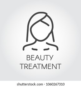 Beauty treatment icon. Abstract portrait of woman in linear style. Cosmetology, skincare, healthcare concept. Contour of female face. Simplicity outline label. Graphic logo. Vector illustration