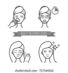 Beauty treatment icons, face mask, spray. Illustration for your design