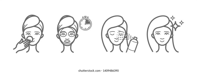 Beauty treatment icons set, face mask, spray