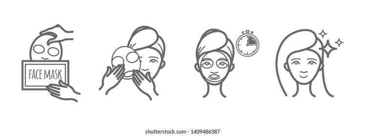 Beauty treatment icons set, facial mask applying
