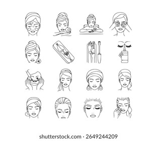 Beauty Treatment and Skincare Icons Line Art Collection for Facial Care and Spa Services

