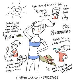 Beauty treatment in summer concept with cute girl wore bikini raising her hand to protect sunlight. Guidance about how to prevent sunburn during summer vacation such as applying sunscreen included.