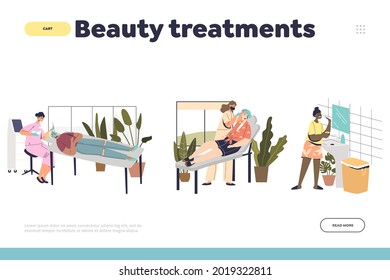 Beauty treatments concept of landing page with female make cosmetology procedure at home or in salon with professional specialists. Skin and body care concept. Cartoon flat vector illustration