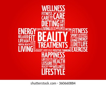 Beauty Treatments word cloud, health cross concept