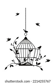 beauty tree silhouette with birds flying and bird 