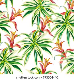 Beauty tropical plants seamless pattern white background. Nature beach vector wallpaper
