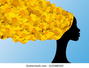 Beauty turban of yellow daisies head wrap, portrait African Woman hairstyles, logo template design black women hair dress, spa and salon concept, vector isolated on blue background