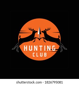 Beauty Twin Buck Antler Deer with Sunset Background and Arrow for Hunting Club Vector Logo Design