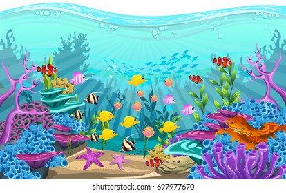 The beauty of underwater life with different animals and habitats. Clear sea water