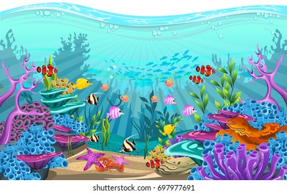 The beauty of underwater life with different animals and habitats. Clear sea water